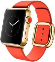 Apple Watch Edition, корпус 38 мм из 18-каратного жёлтого золота, ярко-красный ремешок с современной пряжкой