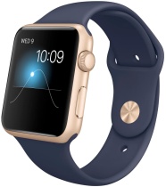 Apple Watch Sport, корпус 42 мм из золотистого алюминия, тёмно-синий спортивный ремешок
